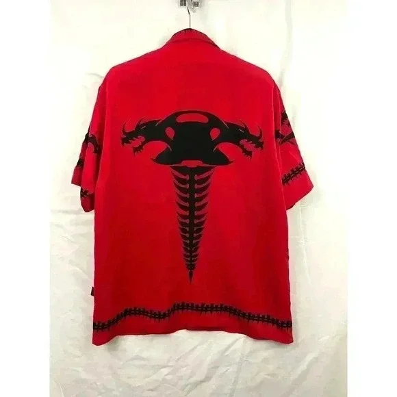 VTG Dragonfly Roadhouse Dragon Bones Button Down Shirt LARGE Single Stitch Red